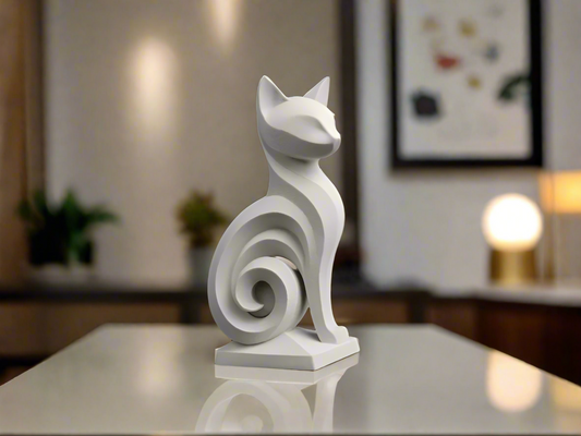 Spiraled Cat Figurine - White Modern Artistic Sculpture with Elegant Spiral Design