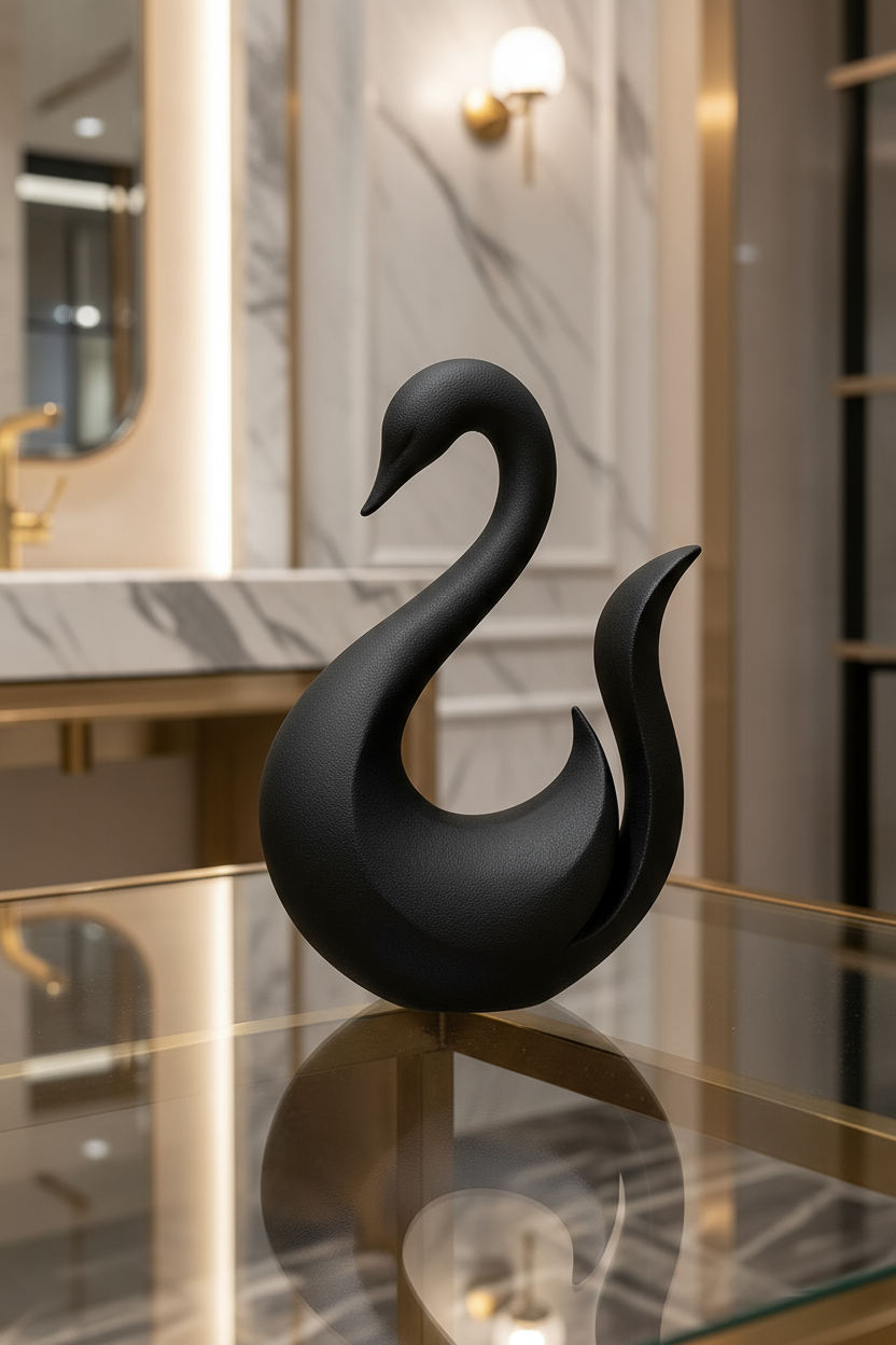 Black swan sculpture on a reflective surface with a blurred interior background