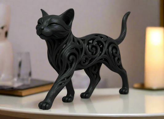Lucky cat figurine walking pose black PLA resin vastu friendly showpiece for home decor India